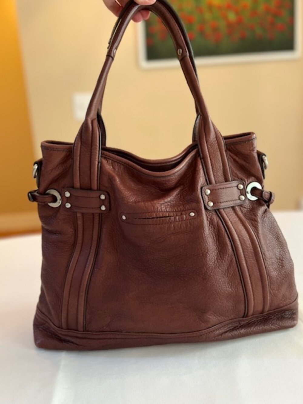 B. MAKOWSKY | Cognac Brown Pebbled Leather Shoulder Bag Hobo-EUC - Picture 2 of 15